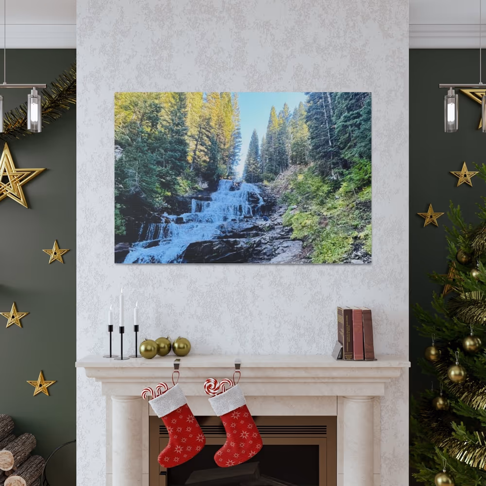 Waterfall Canvas Print, Pine Tree Landscape Photography, Home Office Decor canvas wall art by Jess LeFevre